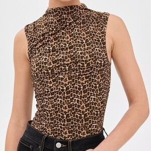 Miaou Leopard Print Cam Tank Top Mock Neck Ruching Sleeveless Large